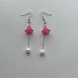 Pink Flower Pearl Chain Earrings - Silver Tone Dangles, Handmade